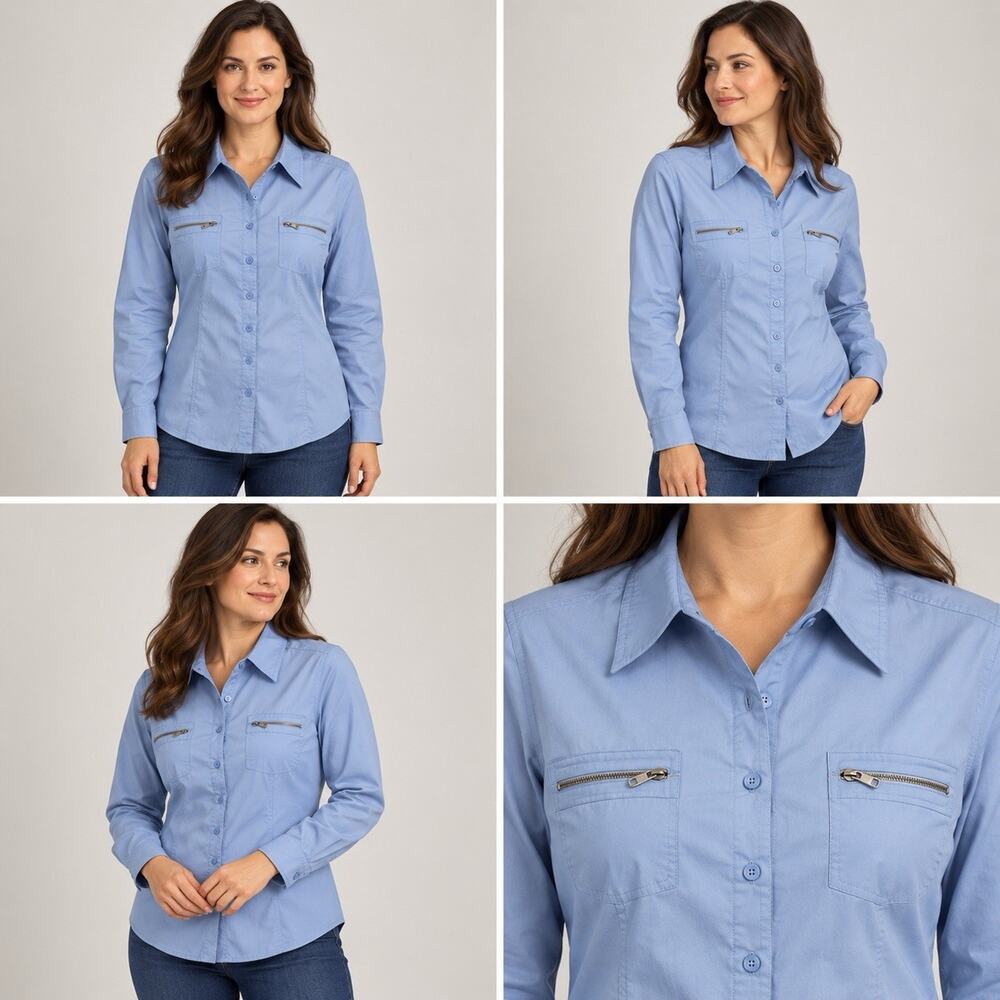 Worthington Stretch Shirt Womens Petite Large Blue Button Front Zip Pockets